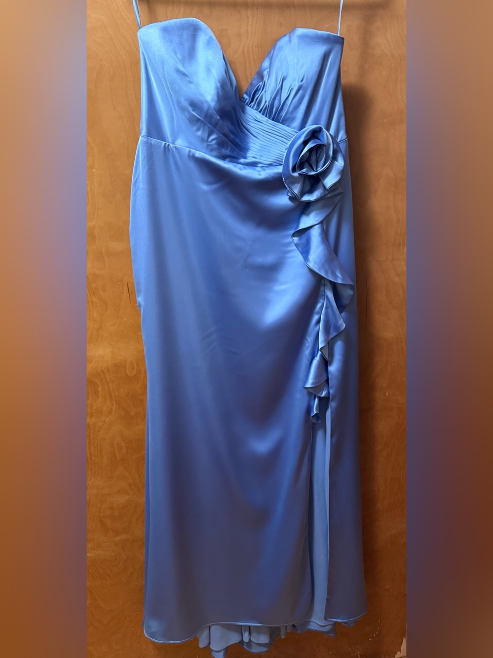 Mac Duggal Ice Blue Satin Strapless Gown with Rosette Ruffle size 10